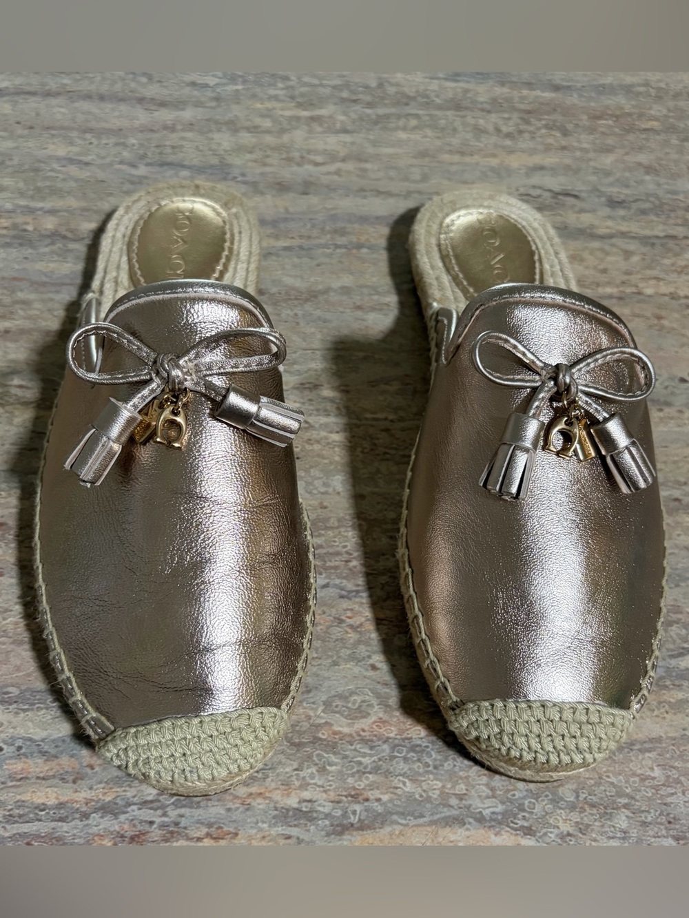 Coach Metallic Rose Gold Slip-On Espadrille Mules with Tassel Bow